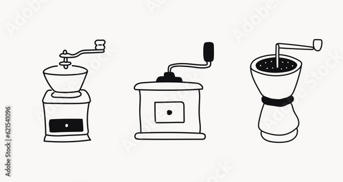 Hand drawn line doodle style cafe illustrations, black line icons, Manual hand coffee grinders