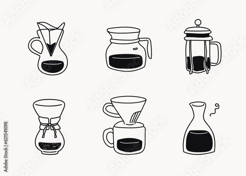 Hand drawn line doodle style cafe illustrations, black line icons, pour over coffee maker, tea pot 