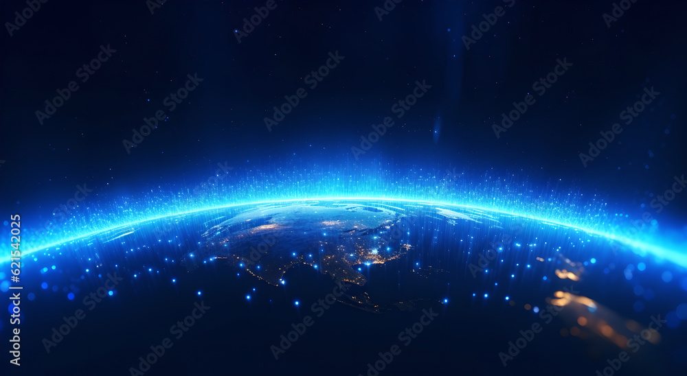 Blue futuristic background with planet Earth. Internet and technology. Global world network and data connection. Communication technology for internet business. Future.