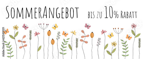 Sommerangebot bis zu 10% Rabatt - Schriftzug in deutscher Sprache- Verkaufsbanner mit Blumenwiese und Schmetterlingen-