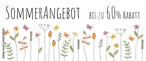 Sommerangebot bis zu 60% Rabatt - Schriftzug in deutscher Sprache. Verkaufsbanner mit Schmetterlingen über einer Blumenwiese.