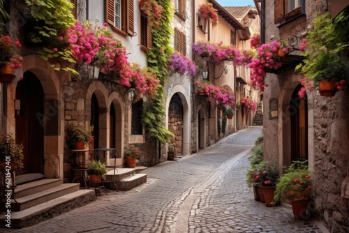 a cobblestone street in an old european town  generative ai