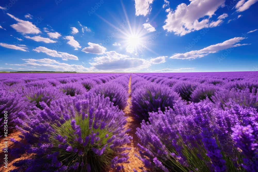 an eye-level shot of a vibrant lavender field under a clear blue sunny sky, generative ai