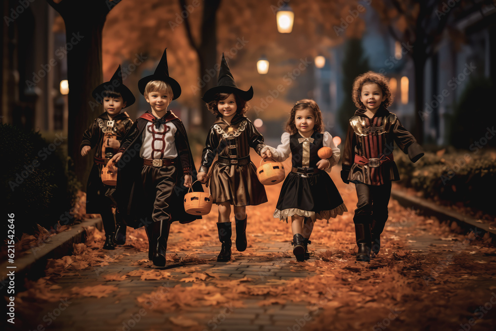 Cute little kids wearing Halloween costumes going to trick or treat