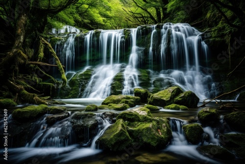 long exposure of a waterfall in a lush forest, generative ai
