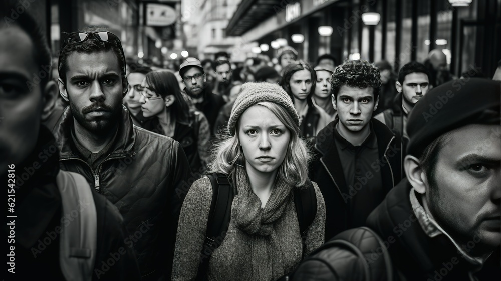 candid black and white street photography shot of a crowd of people, generative ai