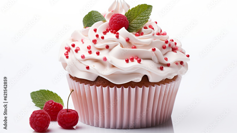 Yummy cupcake with white cream on top and raspberry fruits