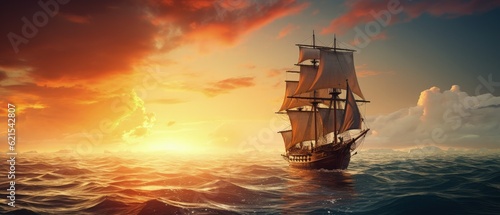 atmospheric shot of a ship sailing on the horizon, generative ai