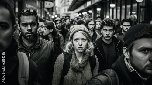 candid black and white street photography shot of a crowd of people, generative ai