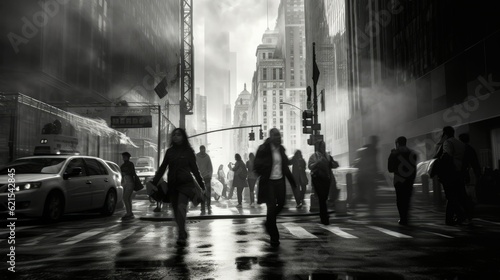 candid black and white street photography shot of a busy city street, generative ai