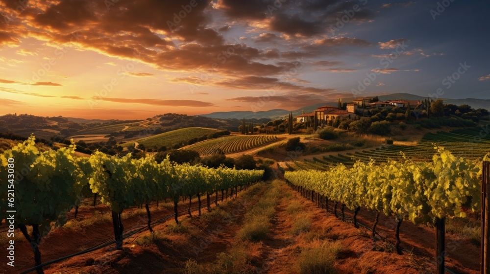 wide-angle shot of a rustic picturesque vineyard at sunset, generative ai
