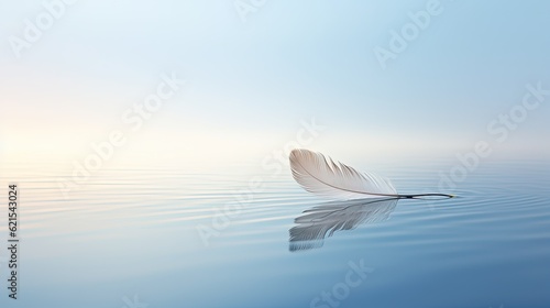 serene minimalist image of a single feather floating on water, generative ai