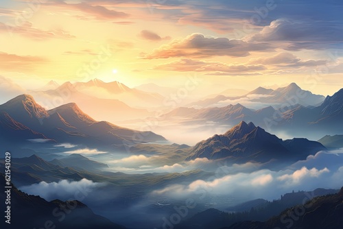 serene landscape of a foggy mountain range during sunrise, generative ai © Perfect PNG