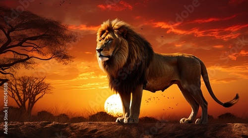 silhouette of a majestic lion against the backdrop of a sunset  generative ai