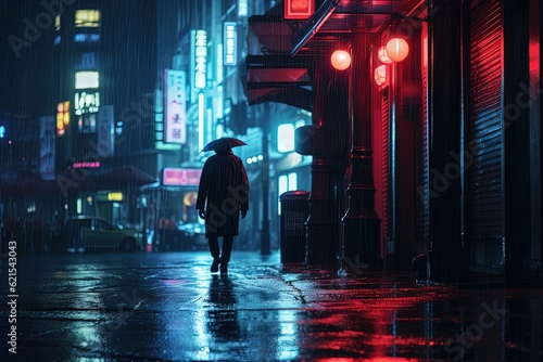 street photography of a lone figure under a neon sign, generative ai