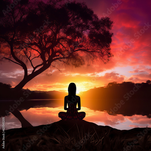 Silhouette of woman practicing mediation in beautiful landscape