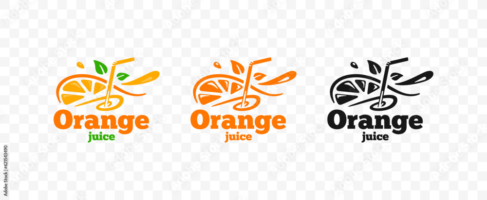 Orange juice with straws and half an orange fruit with slices logo design. Fresh smoothie drink with swirl and leaves vector design