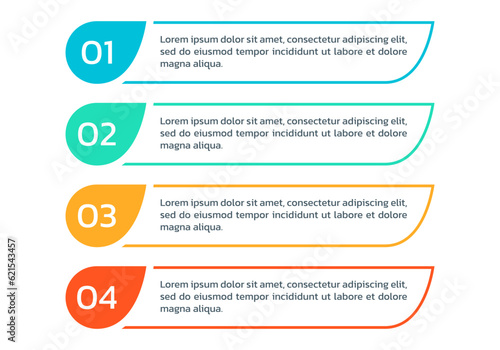4 steps info graphic, number options, text box banners. Business presentation, layout templates. Infographic design elements, menu with three sections. Vector illustration.