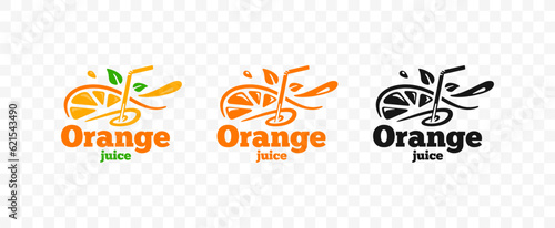 Orange juice with straws and half an orange fruit with slices logo design. Fresh smoothie drink with swirl and leaves vector design