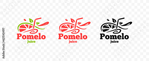 Pomelo juice with straws and half an pomelo fruit with slices logo design. Fresh smoothie drink with swirl and leaves vector design