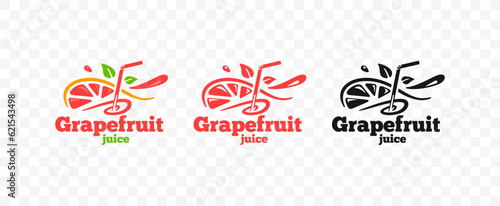 Grapefruit juice with straws and half an grapefruit fruit with slices logo design. Fresh smoothie drink with swirl and leaves vector design