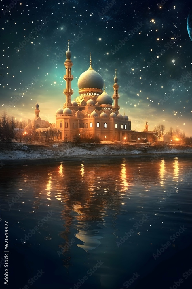 The mosque next to the lake on a beautiful night, Islamic New Year