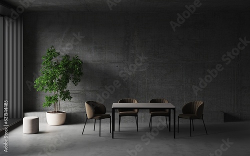 Dark dining room with dining table, concrete wall and floor. Decor big tree in a pot. Wall background 3D illustration rendering. Dirty vintage pattern on the wall and floor. Cement backdrop © Hanna