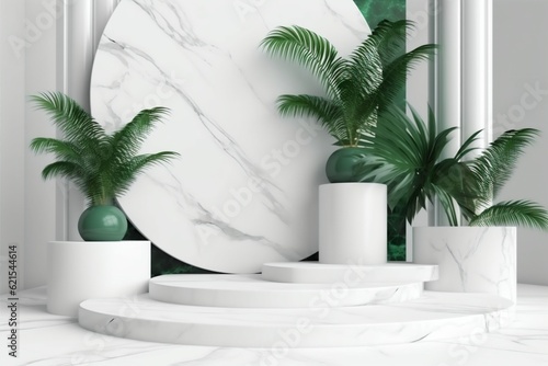 platform mock marble color up creative space podium leaf design green. Generative AI.