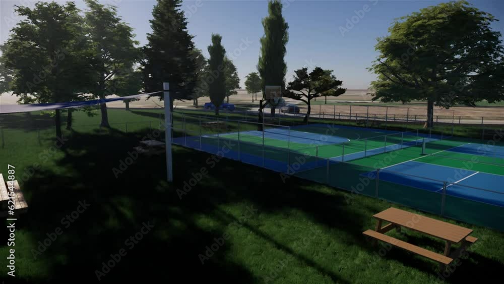 3D illustration tennis and basketball court park zone, rendering video animation 3D illustration tennis and basketball court park zone, rendering video animation
