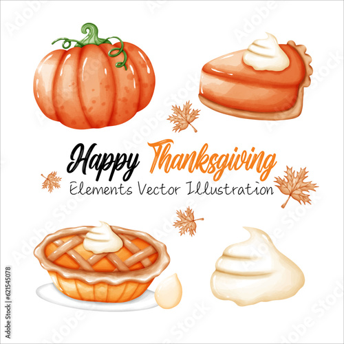 Cute Pie Pumpkins and whipped Cream , seed Pumpkin Thanksgiving Fall Autumn Elements Watercolor Vector File ,Clipart cartoon style For banner, poster, card, t shirt, sticke