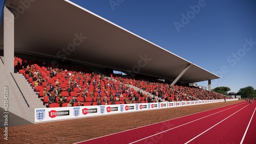 3D render image of soccer stadium tribune spectator bench seat Concept of outdoor sport, activity, football, championship, match, game space