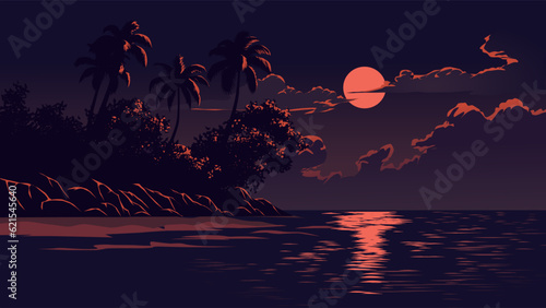 Peaceful calm night at beach with full moon