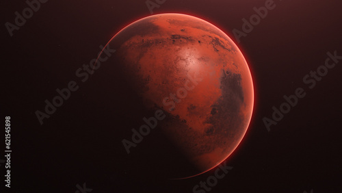 Render of Mars in Black Space, Half Illuminated and Half in Darkness with Clear Texture