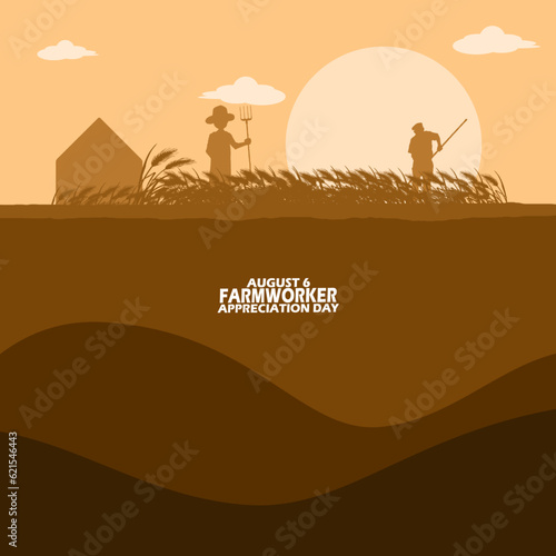 View of farm fields with farmers working at sunrise, with bold text to commemorate Farmworker Appreciation Day on August 6