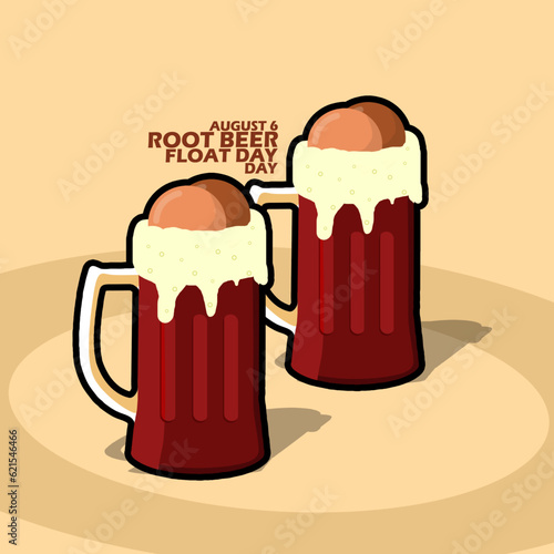 Two glasses of root beer float topped with chocolate ice cream, with bold text on light brown background to celebrate National Root Beer Float Day on August 6