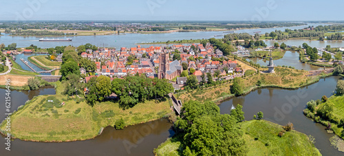 Aerial panorama from the historical city Woudrichem at the river Merwede in the Netherlands