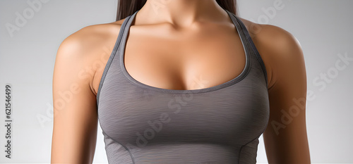 Close up shot of unrecognizable fit woman wearing blank tank top. Torso of slim attractive female with six pack belly in sportswear