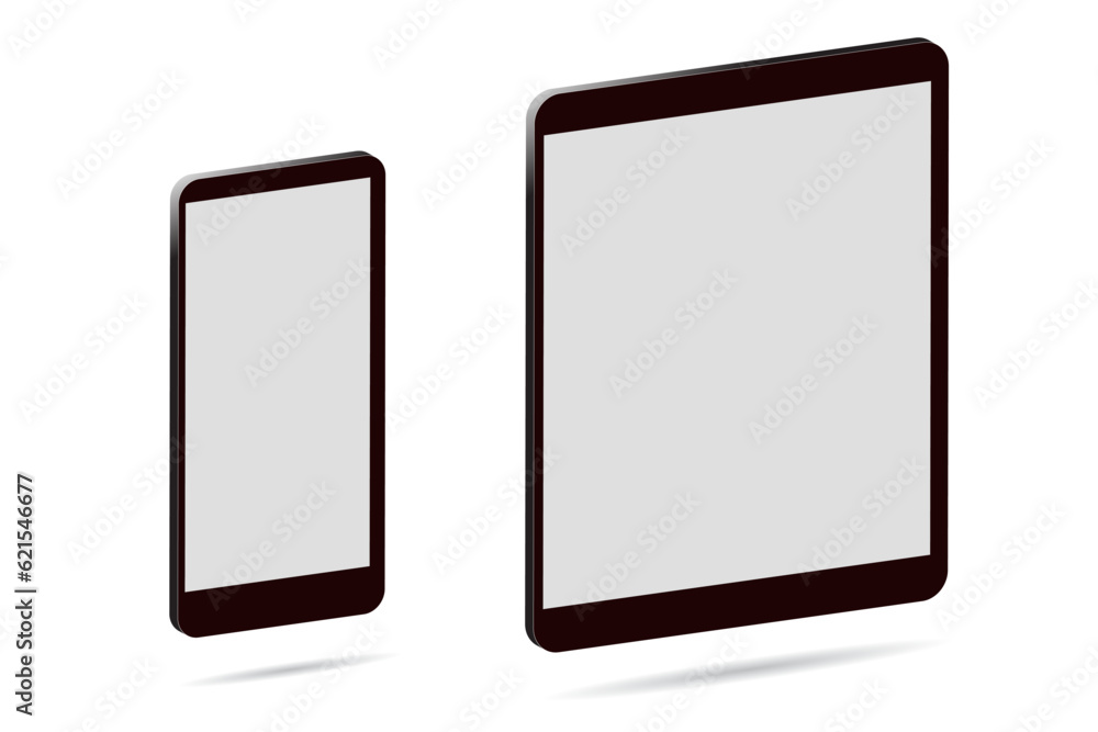 tablet and mobile phone set and bottom shadow, 3D style, white background tablet and mobile phone set and bottom shadow, 3D style, white background