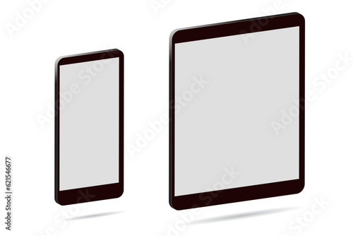 tablet and mobile phone set and bottom shadow, 3D style, white background