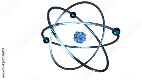 close up of atom model berry like nucleus with electrons in blue with nice translucent floor shadow isolated 3d illustration Rendering photo
