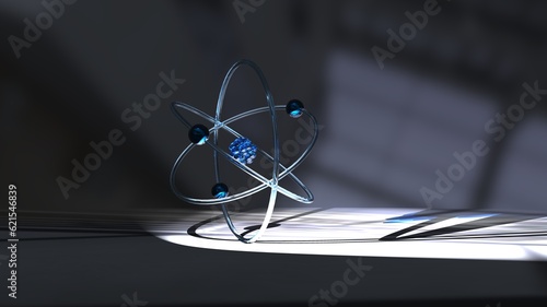 blue atom model nucleus with electrons in spotlight with reflections on the floor 3d illustration Rendering photo