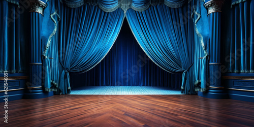 Realistic theater Blue dramatic curtains, spotlight on stage theatrical classic drapery template illustration. Stage with Blue curtains