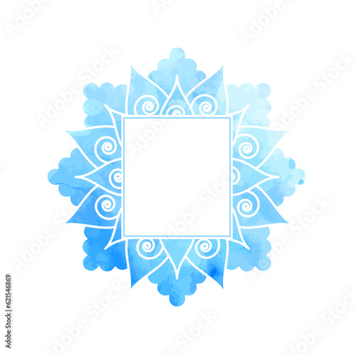 Frame with blue watercolor pattern, stylized eastern mandala for decorating covers for book, notebook, casket, postcard