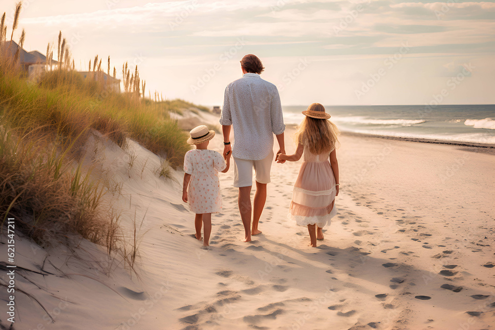 Father and children walking on the beach near the sea, vacation, Generative AI