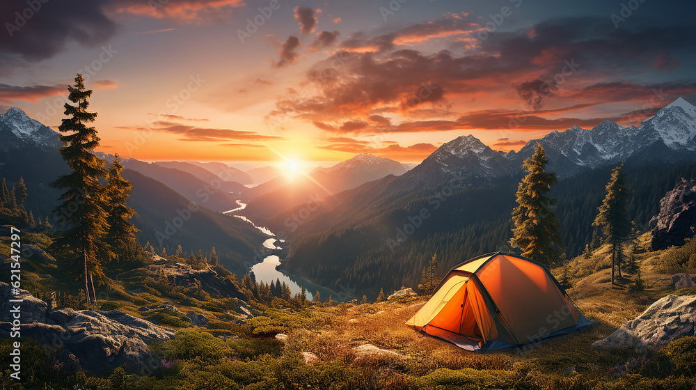 camping tent high in the mountains at sunset sunny ultra detail firefly forest. ,generative AI