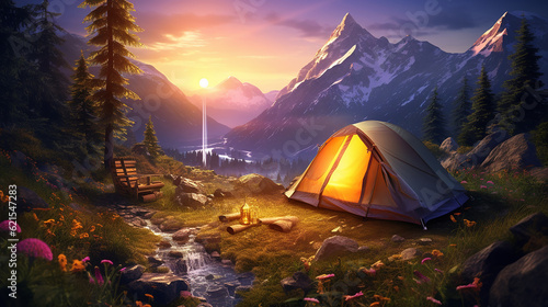 camping tent high in the mountains at sunset sunny. ,generative AI