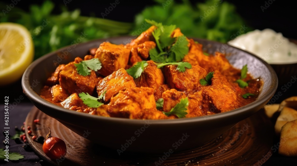 Chicken tikka masala in tomato sauce on a black background Chicken tikka masala in tomato sauce on a black background