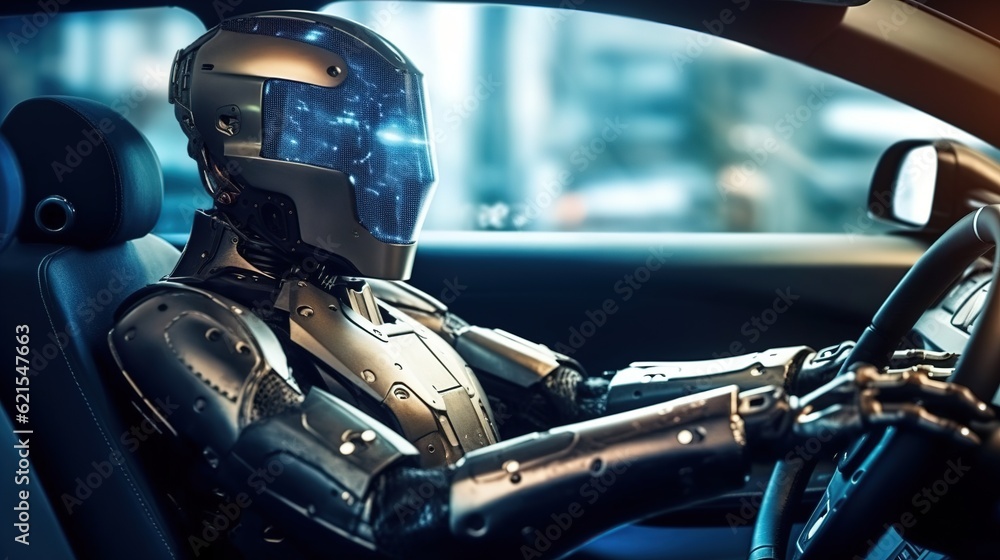 Cyborg in a modern car. Generative AI