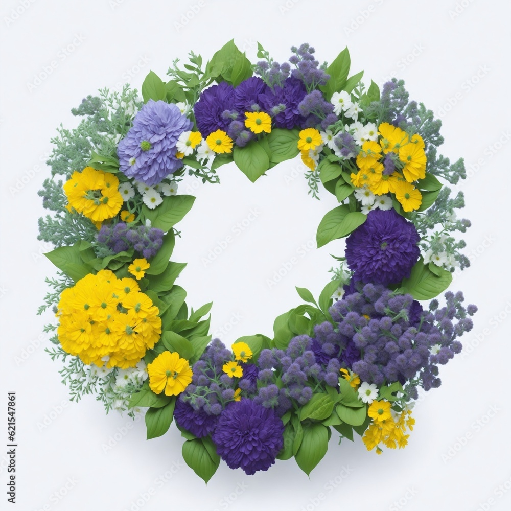 Beautiful wreath made of yellow, blue, purple, and white summer flowers and pale green leaves. Arrangement of flowers, leaves, and stems fastened in a ring and used for decoration at festive occasions Beautiful wreath made of yellow, blue, purple, and white summer flowers and pale green leaves. Arrangement of flowers, leaves, and stems fastened in a ring and used for decoration at festive occasions