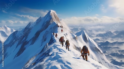 A group of mountaineers climbing the slope to the top of a snow mountain in fine weather with bag equipment